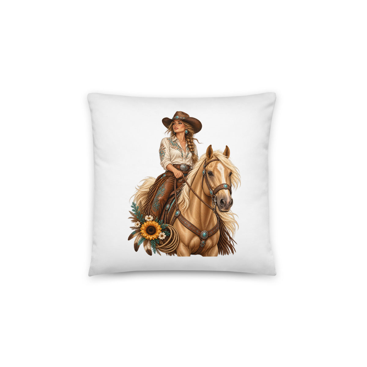 Cowgirl der Prärie – Dekokissen 14 × 14 Zoll mit Füllung