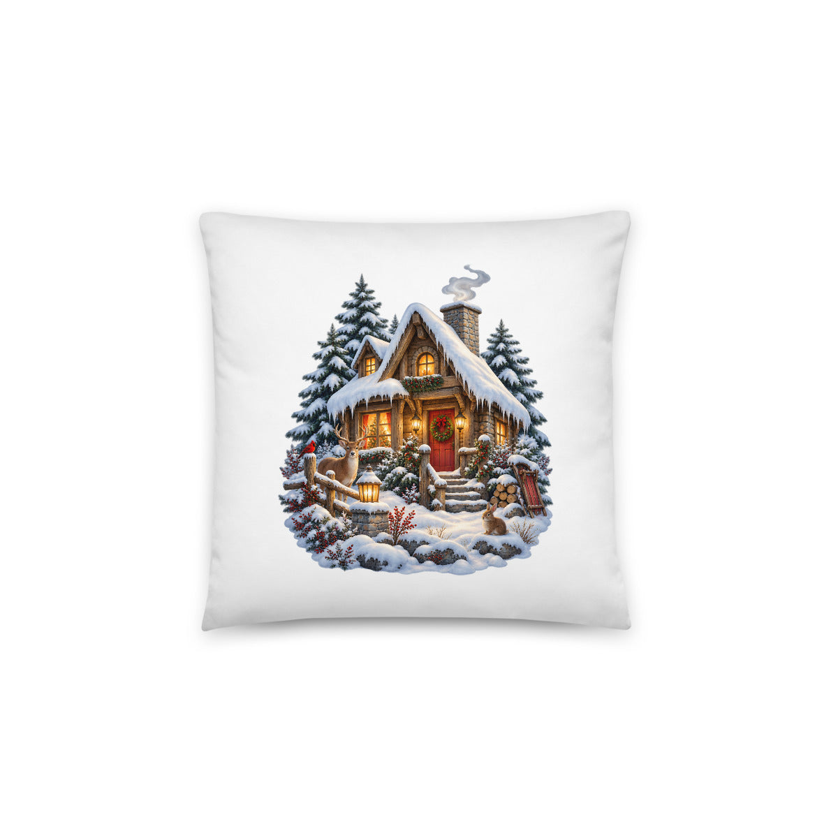 Hütte im Schneetraum – Dekokissen 14 × 14 Zoll mit Füllung