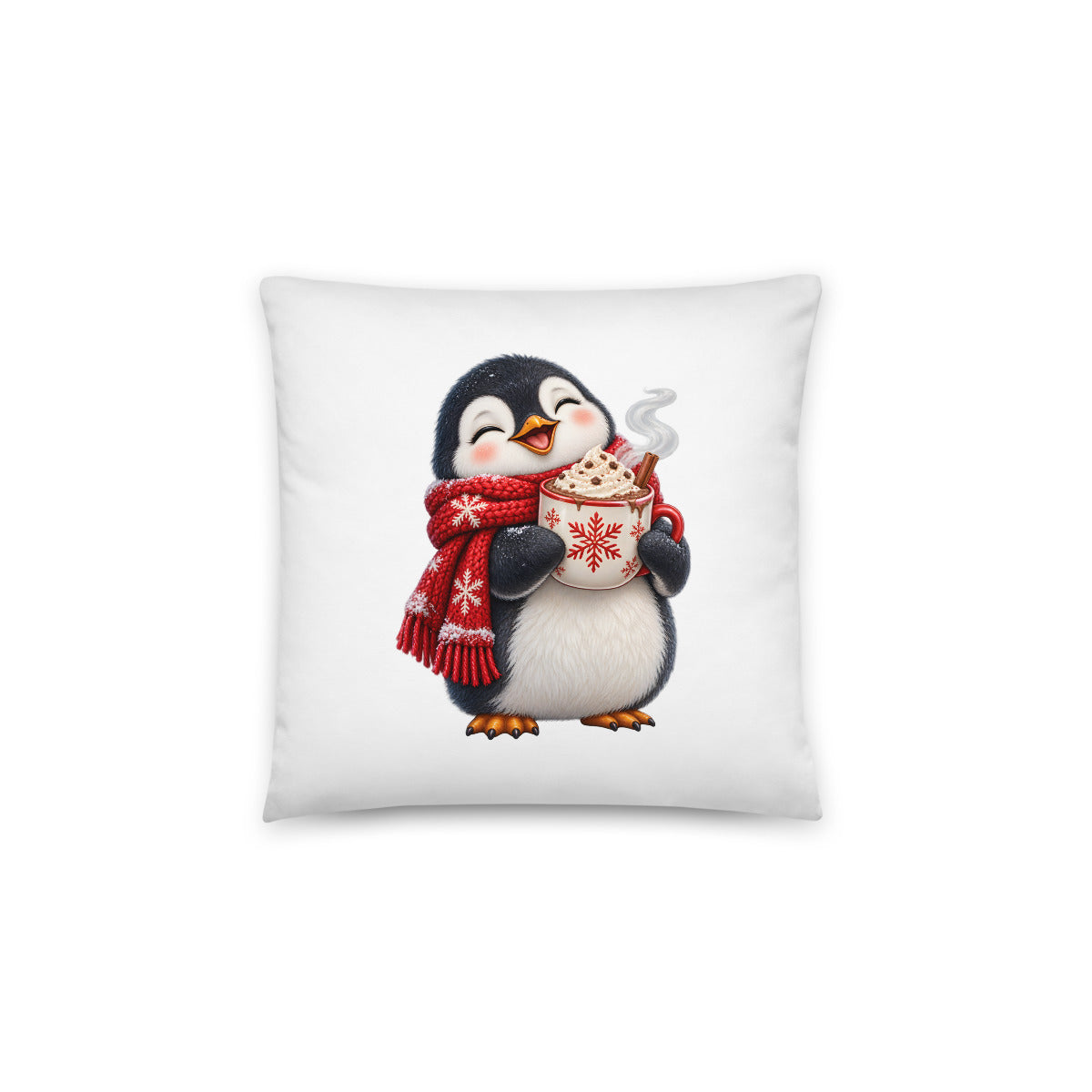 Pinguin mit Kakao – Dekokissen 14 × 14 Zoll mit Füllung
