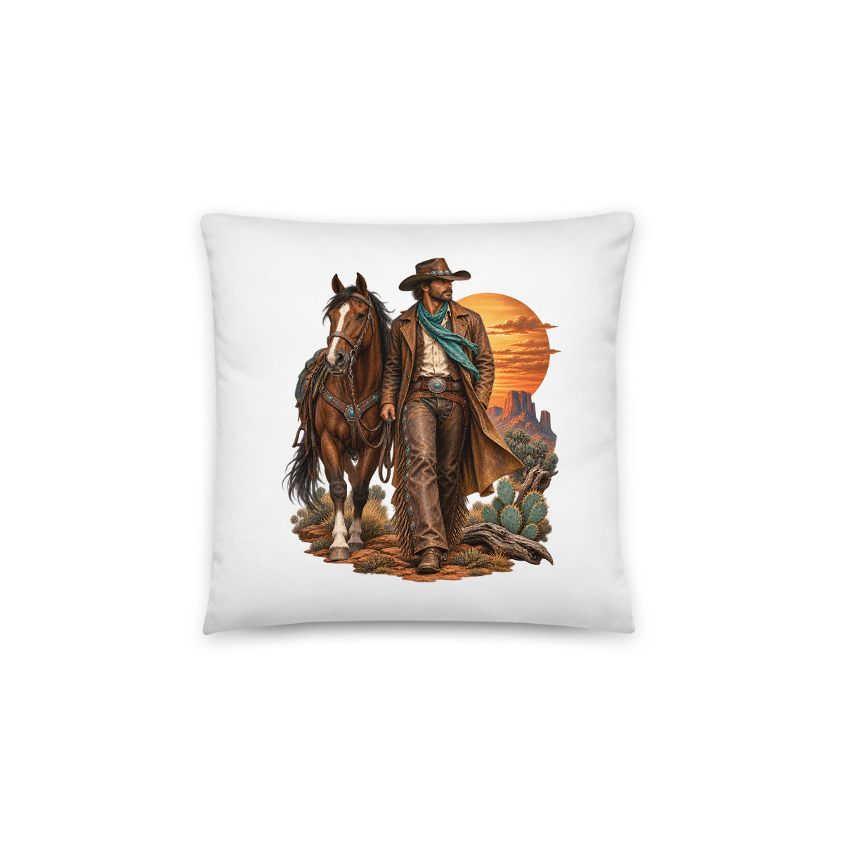 Cowboy im Abendrot – Dekokissen 14 × 14 Zoll mit Füllung