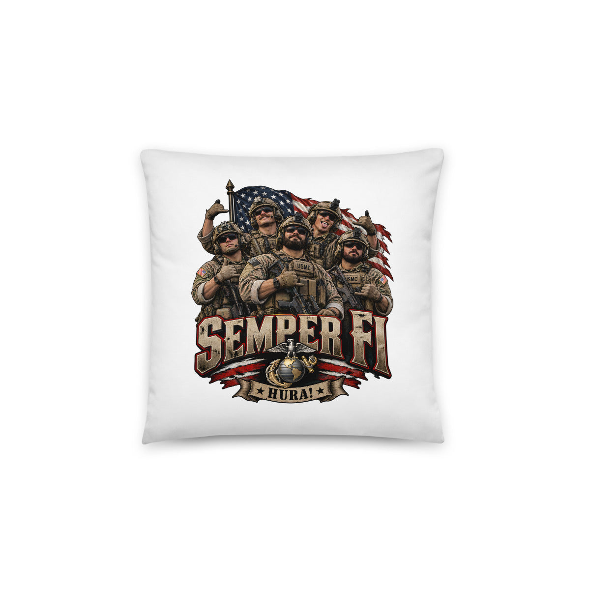 USMC Semper Fi Gruppe mit Flagge – Dekokissen 14 × 14 Zoll mit Füllung
