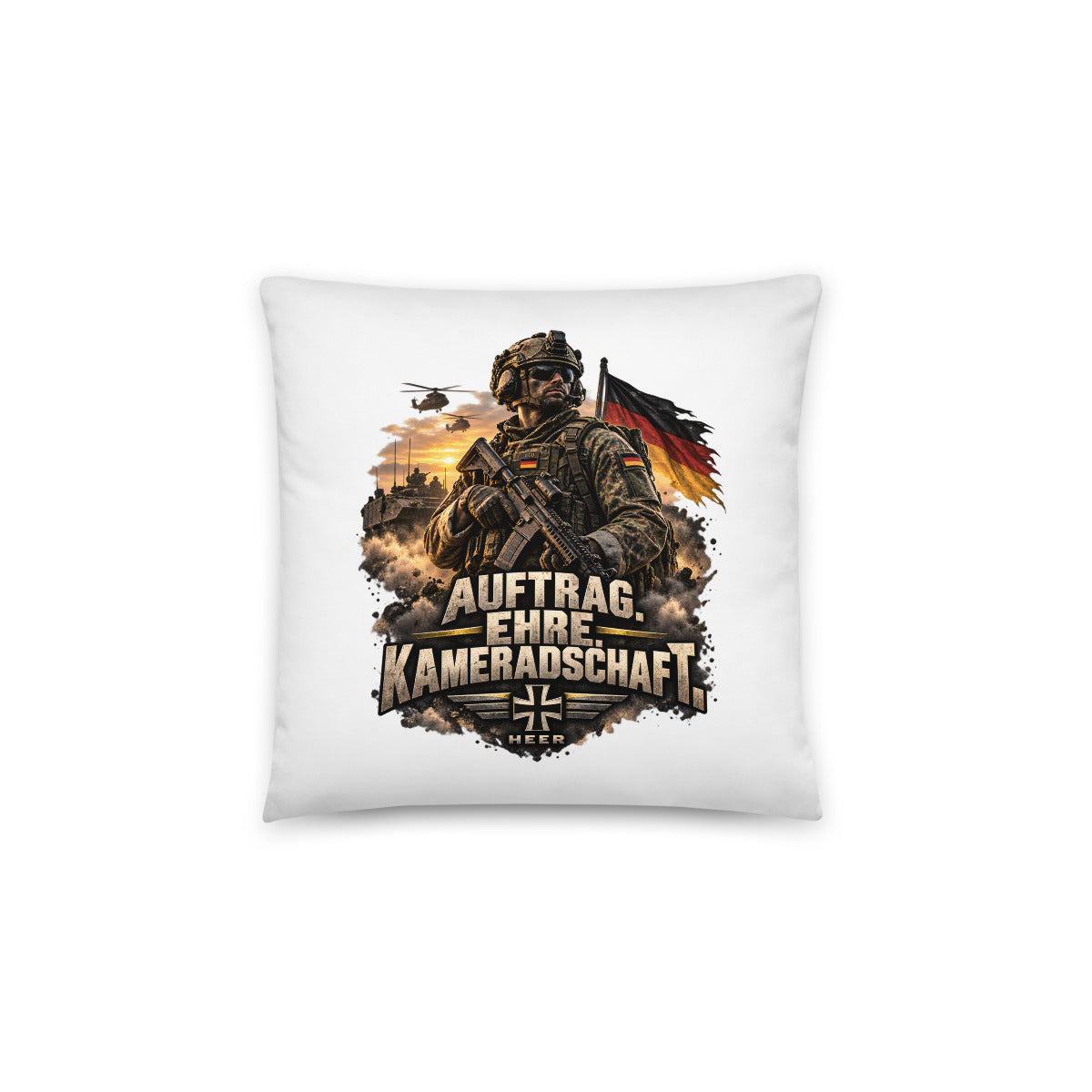 Soldat mit Auftrag, Ehre und Kameradschaft – Dekokissen 14 × 14 Zoll mit Füllung