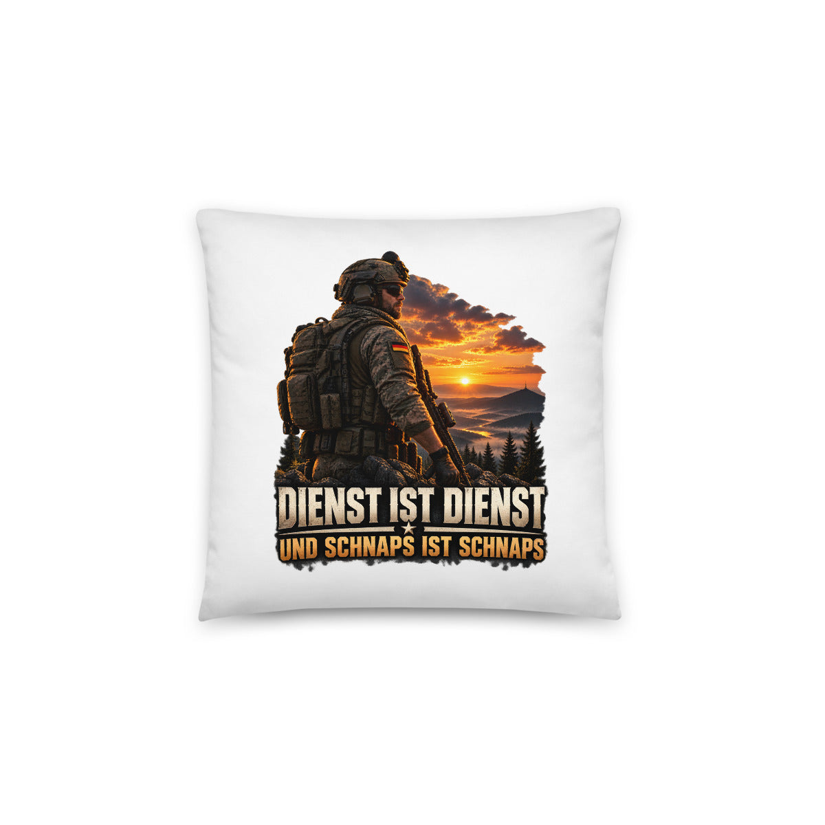 Soldat vor Sonnenuntergang mit Spruch – Dekokissen 14 × 14 Zoll mit Füllung