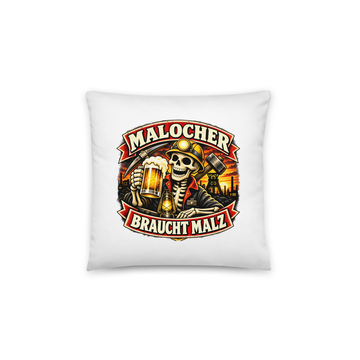 Malocher mit Bier und Grubenlampe – Dekokissen 14 × 14 Zoll mit Füllung