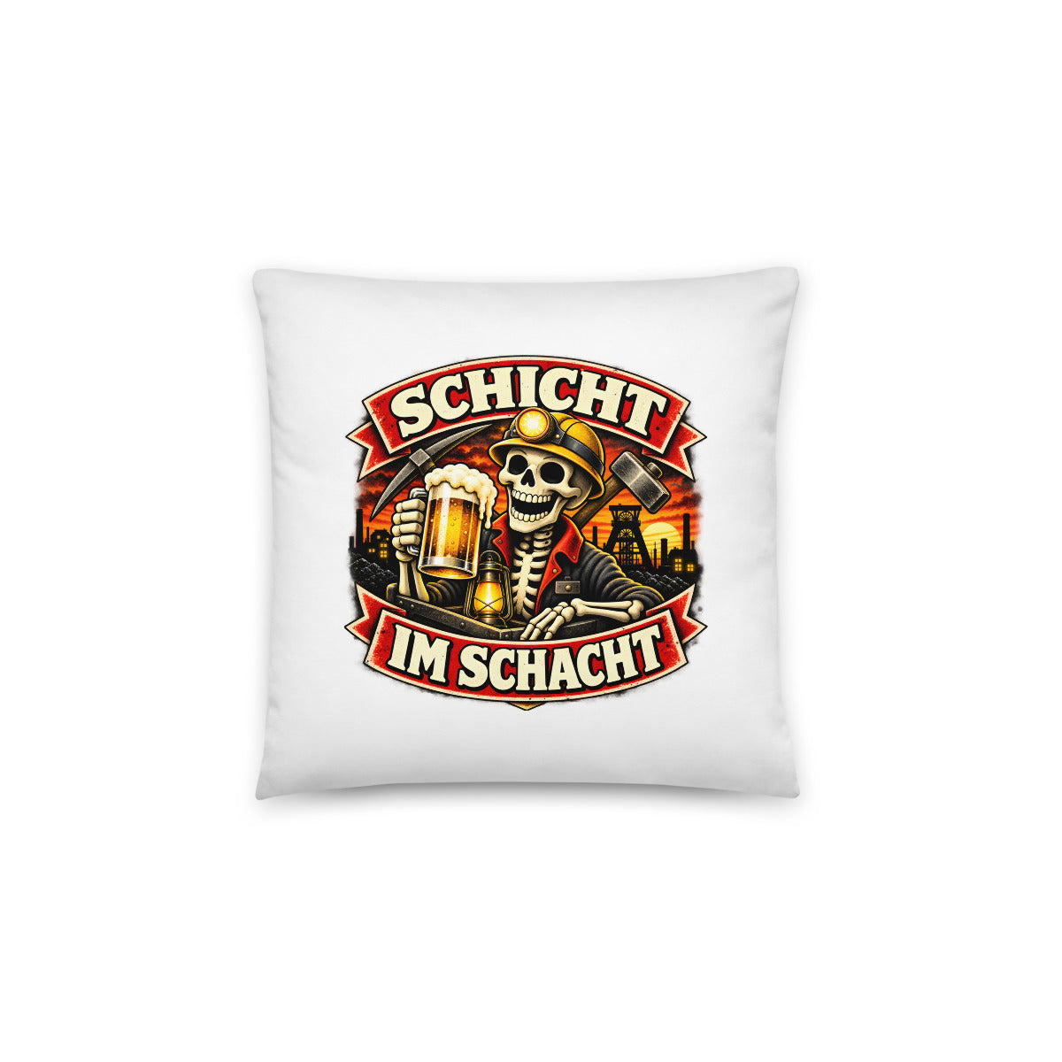 Schicht im Schacht Skelett Bergbau Bier – Dekokissen 14 × 14 Zoll mit Füllung