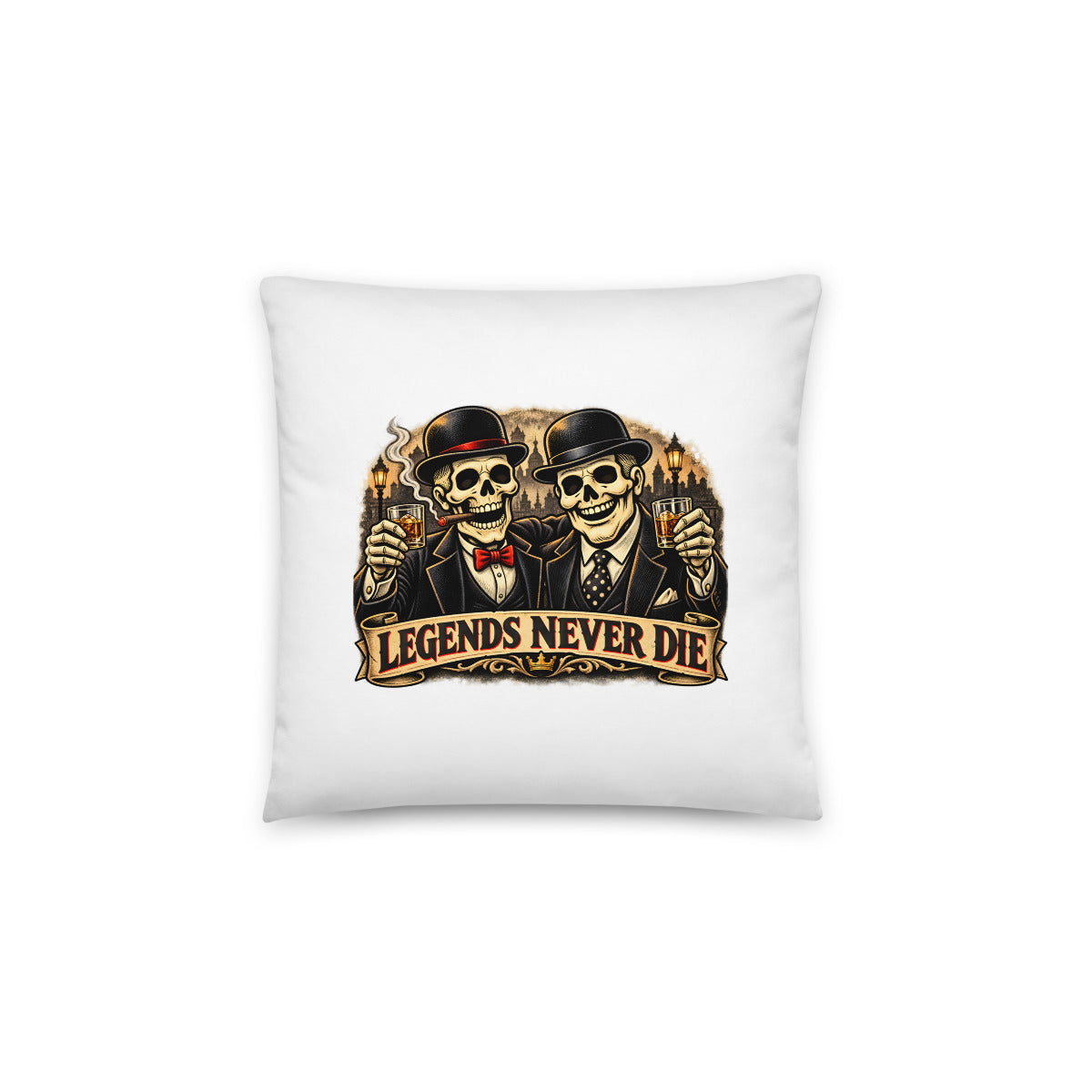 Legends Never Die mit Skelett-Anzug – Dekokissen 14 × 14 Zoll mit Füllung
