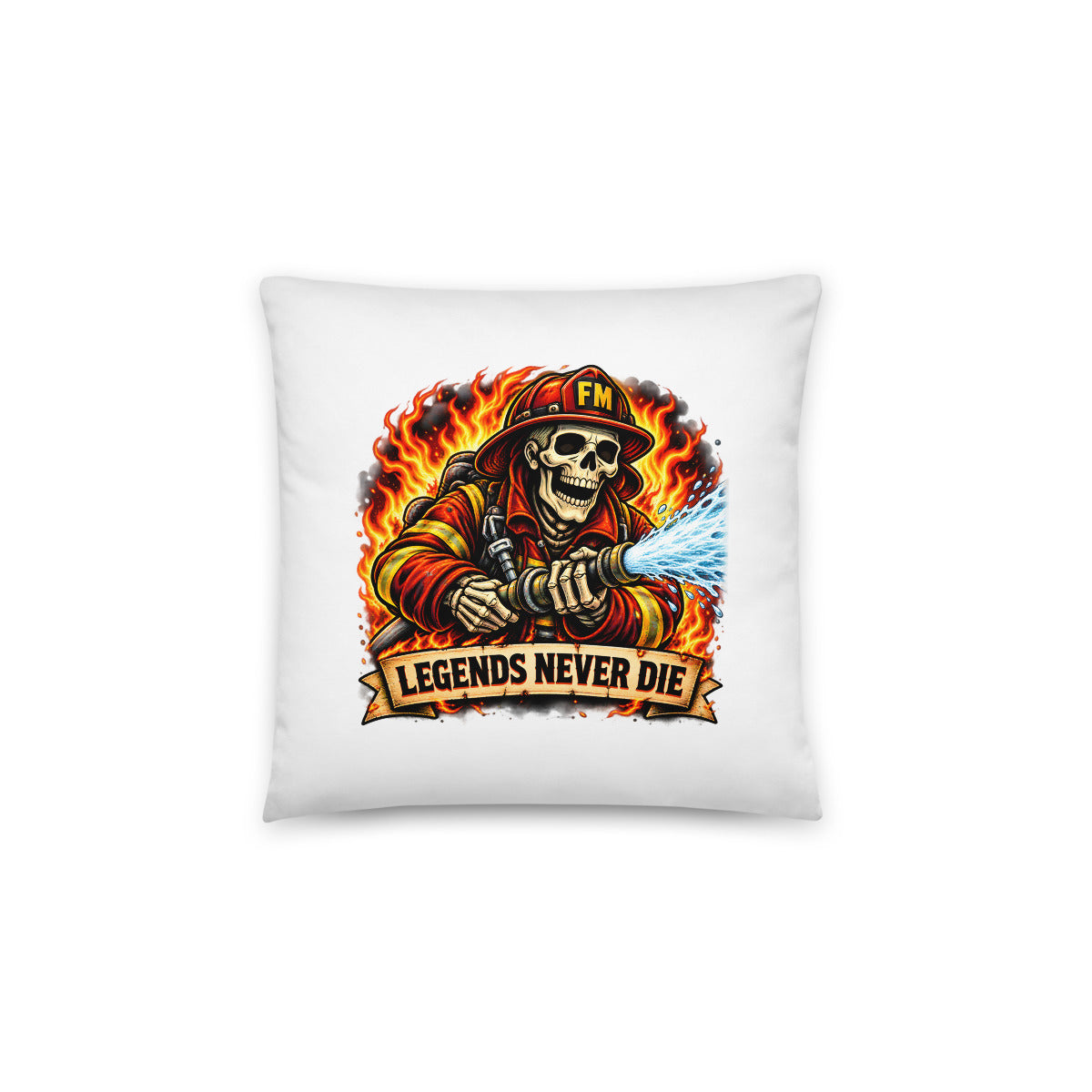 Feuerwehr-Skelett mit Schriftzug "Legends Never Die" – Dekokissen 14 × 14 Zoll mit Füllung