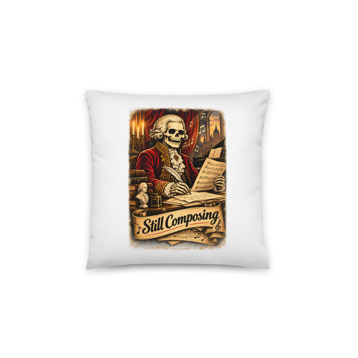 Skelett-Komponist "Still Composing" – Dekokissen 14 × 14 Zoll mit Füllung