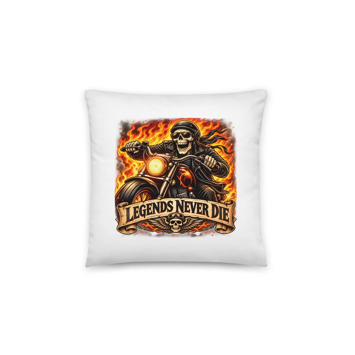 Skelett-Biker mit Flammen und Schriftzug – Dekokissen 14 × 14 Zoll mit Füllung