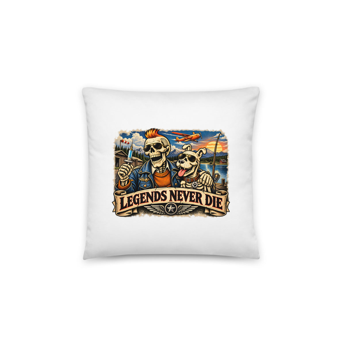 Legends Never Die mit Skelett und Hund – Dekokissen 14 × 14 Zoll mit Füllung