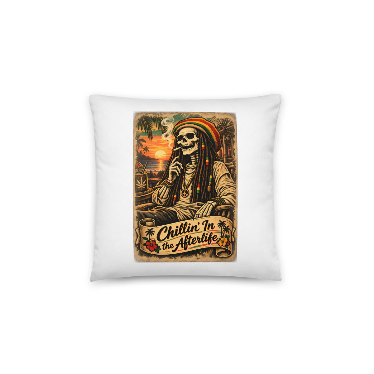 Skelett mit Rasta-Mütze am Strand – Dekokissen 14 × 14 Zoll mit Füllung