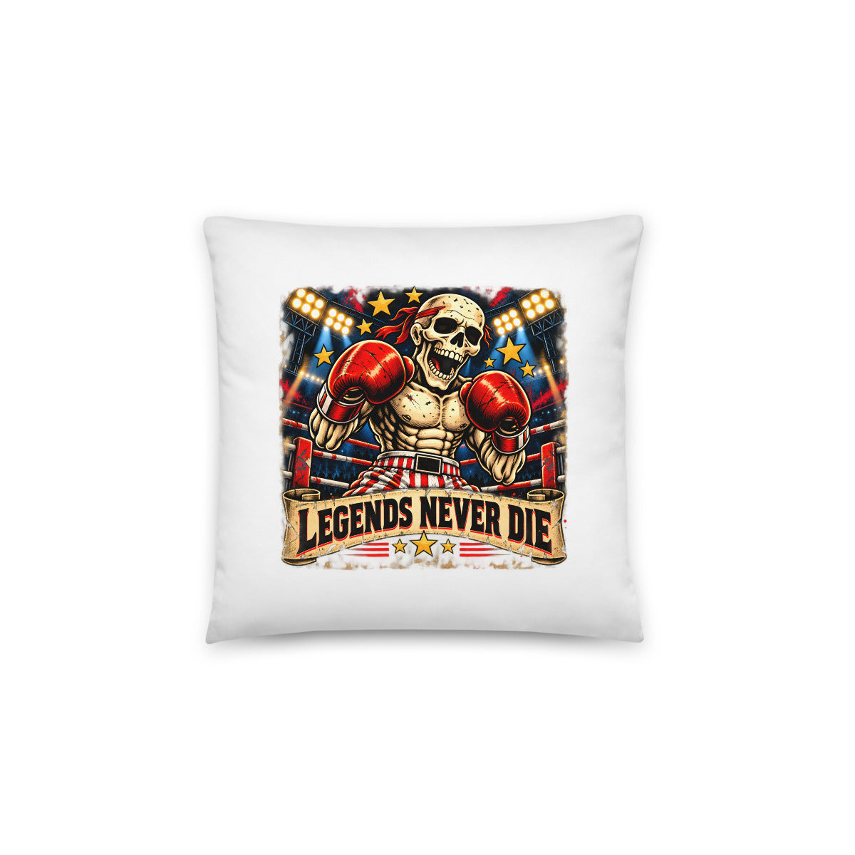 Boxskelett mit Schriftzug "Legends Never Die" – Dekokissen 14 × 14 Zoll mit Füllung
