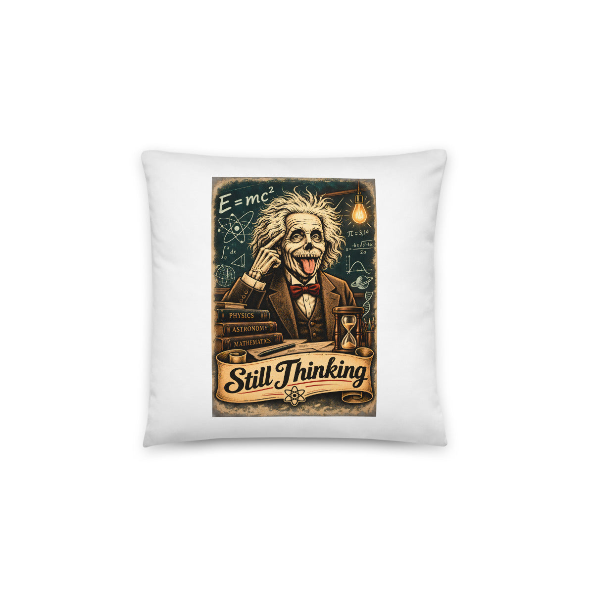 Skelett Einstein mit Zunge raus und Schriftzug Still Thinking – Dekokissen 14 × 14 Zoll mit Füllung