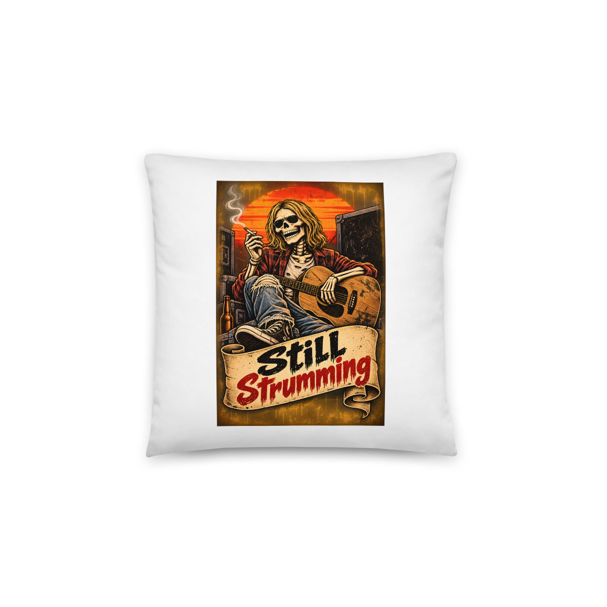 Still Strumming – Skelett-Gitarrist – Dekokissen 14 × 14 Zoll mit Füllung