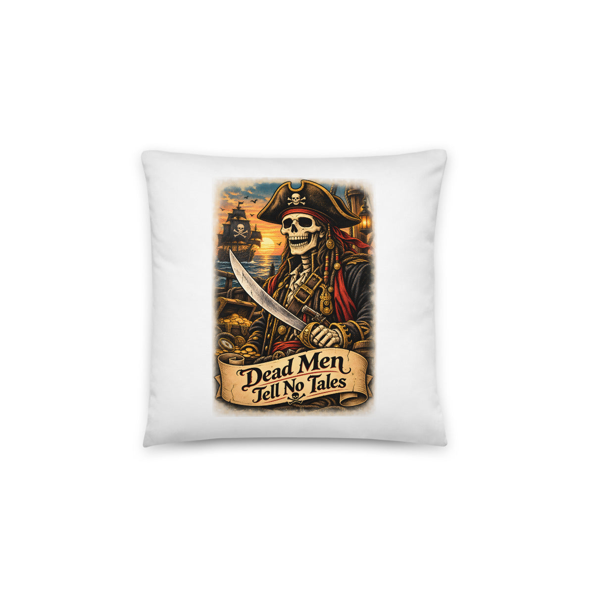 Piraten-Skelett mit Schriftzug "Dead Men Tell No Tales" – Dekokissen 14 × 14 Zoll mit Füllung