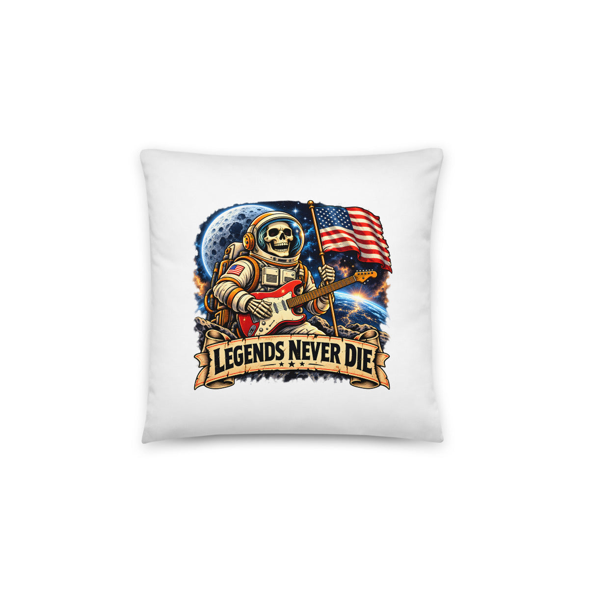 Legends Never Die - Astronaut mit Skelett und Gitarre – Dekokissen 14 × 14 Zoll mit Füllung