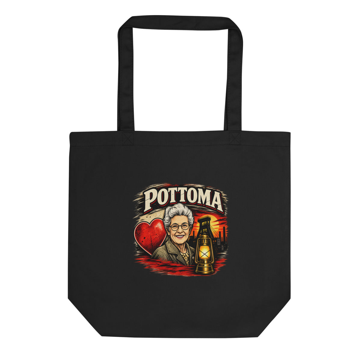 POTOMA mit älterer Frau, Bergbau und Laterne – Bio-Baumwolltasche – Frontdruck