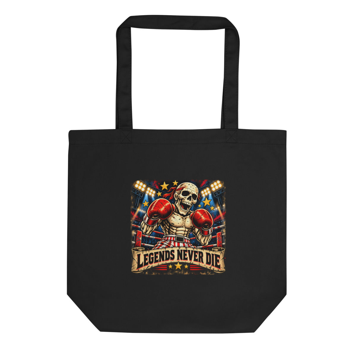 Boxskelett mit Schriftzug "Legends Never Die" – Bio-Baumwolltasche – Frontdruck