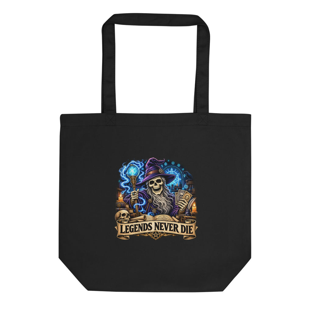Skelett-Zauberer mit Schriftzug "Legends Never Die" – Bio-Baumwolltasche – Frontdruck