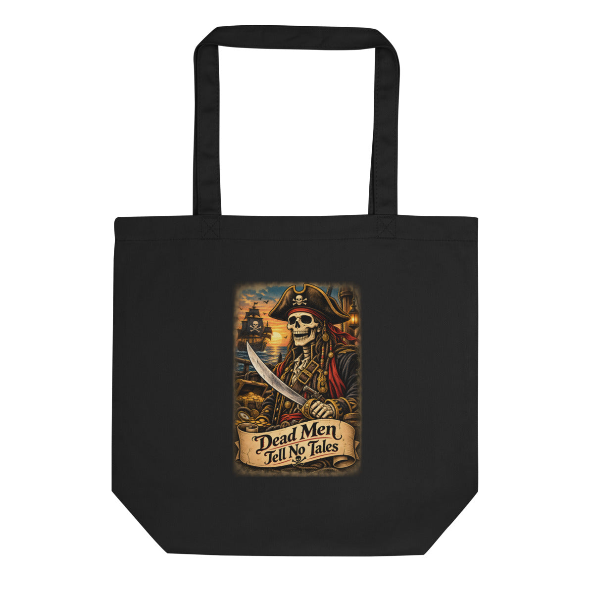 Piraten-Skelett mit Schriftzug "Dead Men Tell No Tales" – Bio-Baumwolltasche – Frontdruck