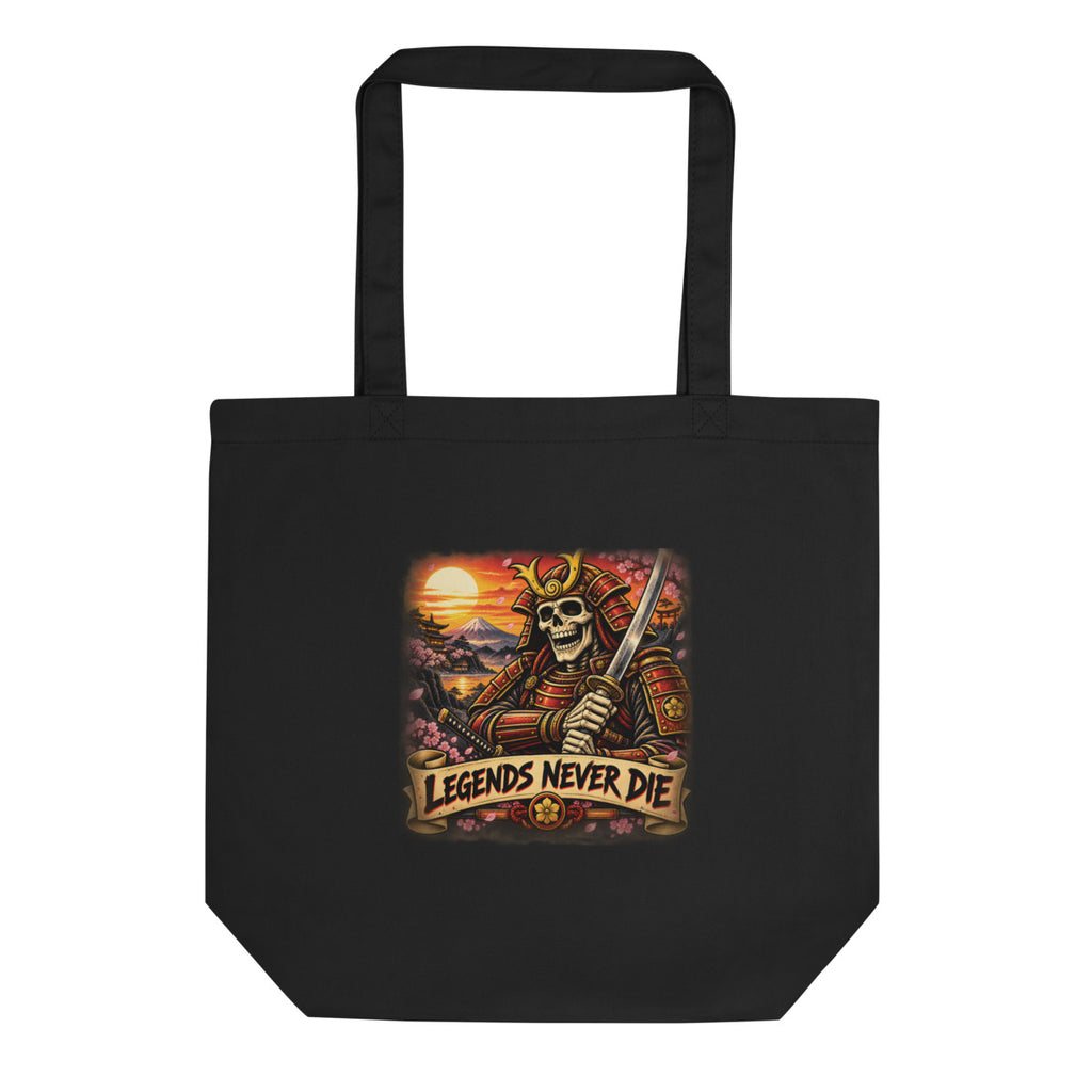 Skelett-Samurai mit Schriftzug "Legends Never Die" – Bio-Baumwolltasche – Frontdruck