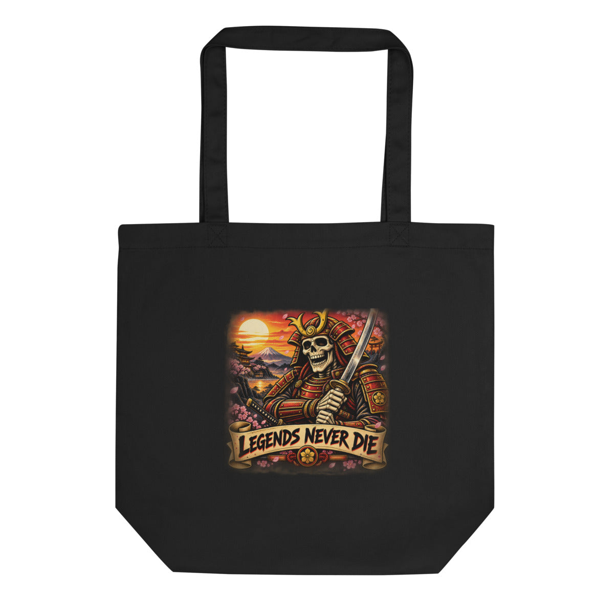 Skelett-Samurai mit Schriftzug "Legends Never Die" – Bio-Baumwolltasche – Frontdruck