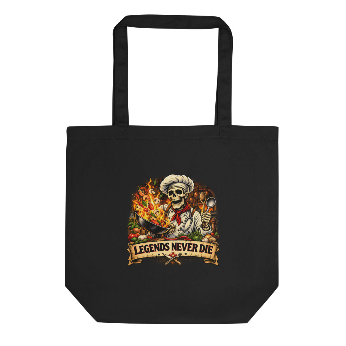 Skelett-Koch mit brennender Pfanne und Schriftzug – Bio-Baumwolltasche – Frontdruck