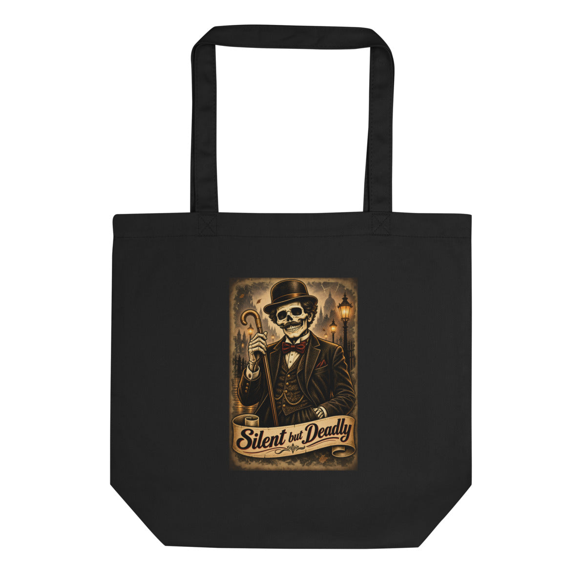 Skelett-Gentleman mit Zylinder und Gehstock – Bio-Baumwolltasche – Frontdruck