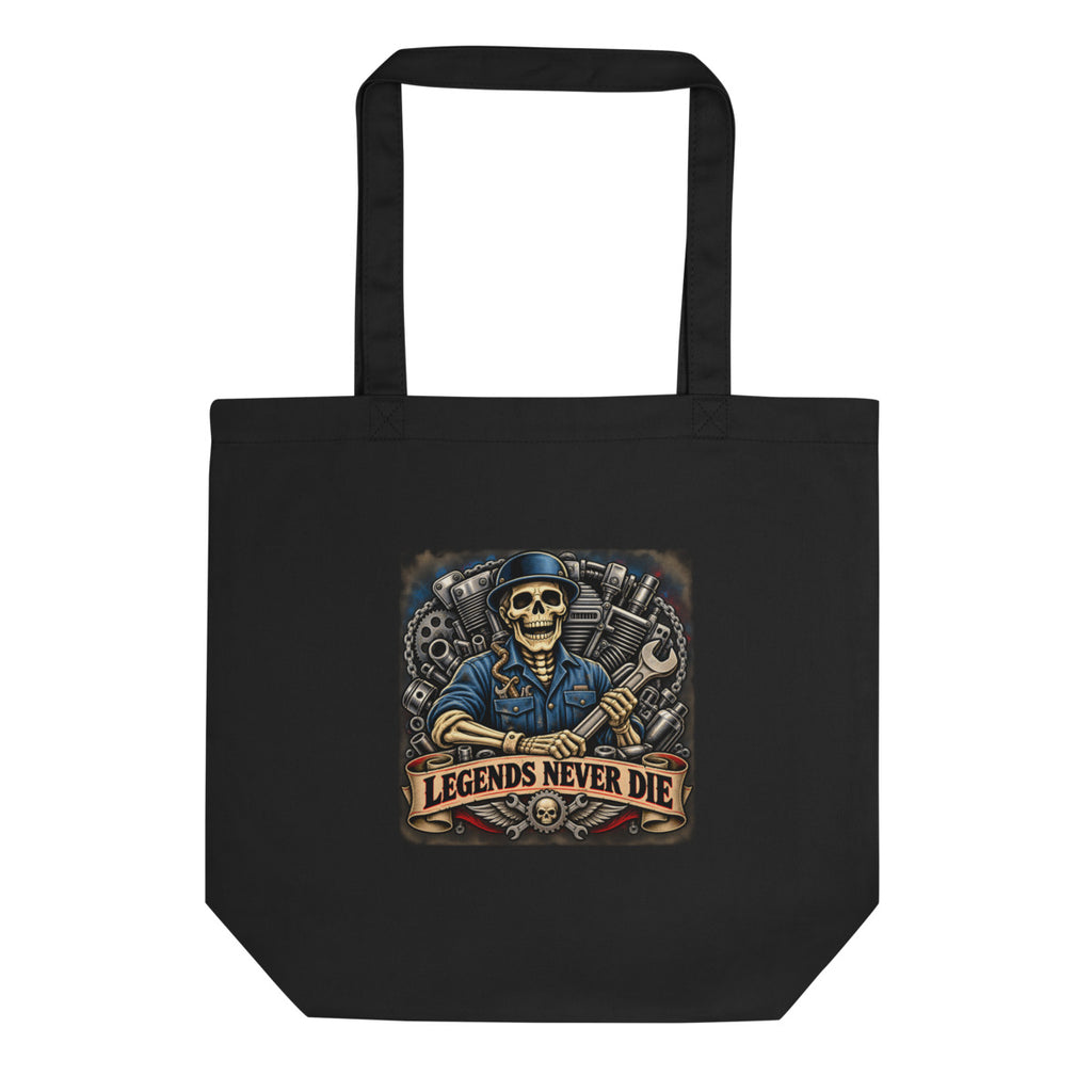 Skelett-Mechaniker mit Schraubenschlüssel und Schriftzug – Bio-Baumwolltasche – Frontdruck