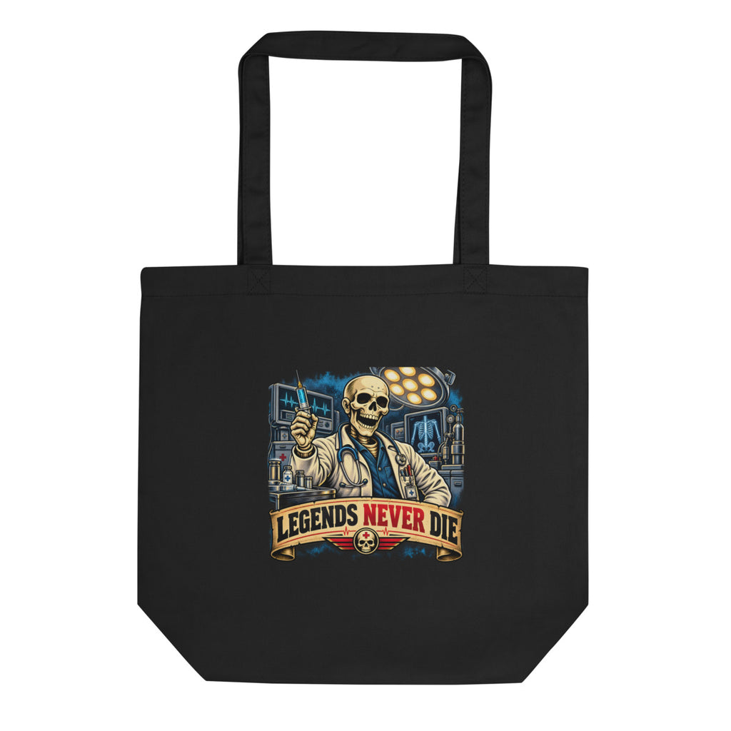 Skelett-Arzt mit Spritze und Schriftzug – Bio-Baumwolltasche – Frontdruck