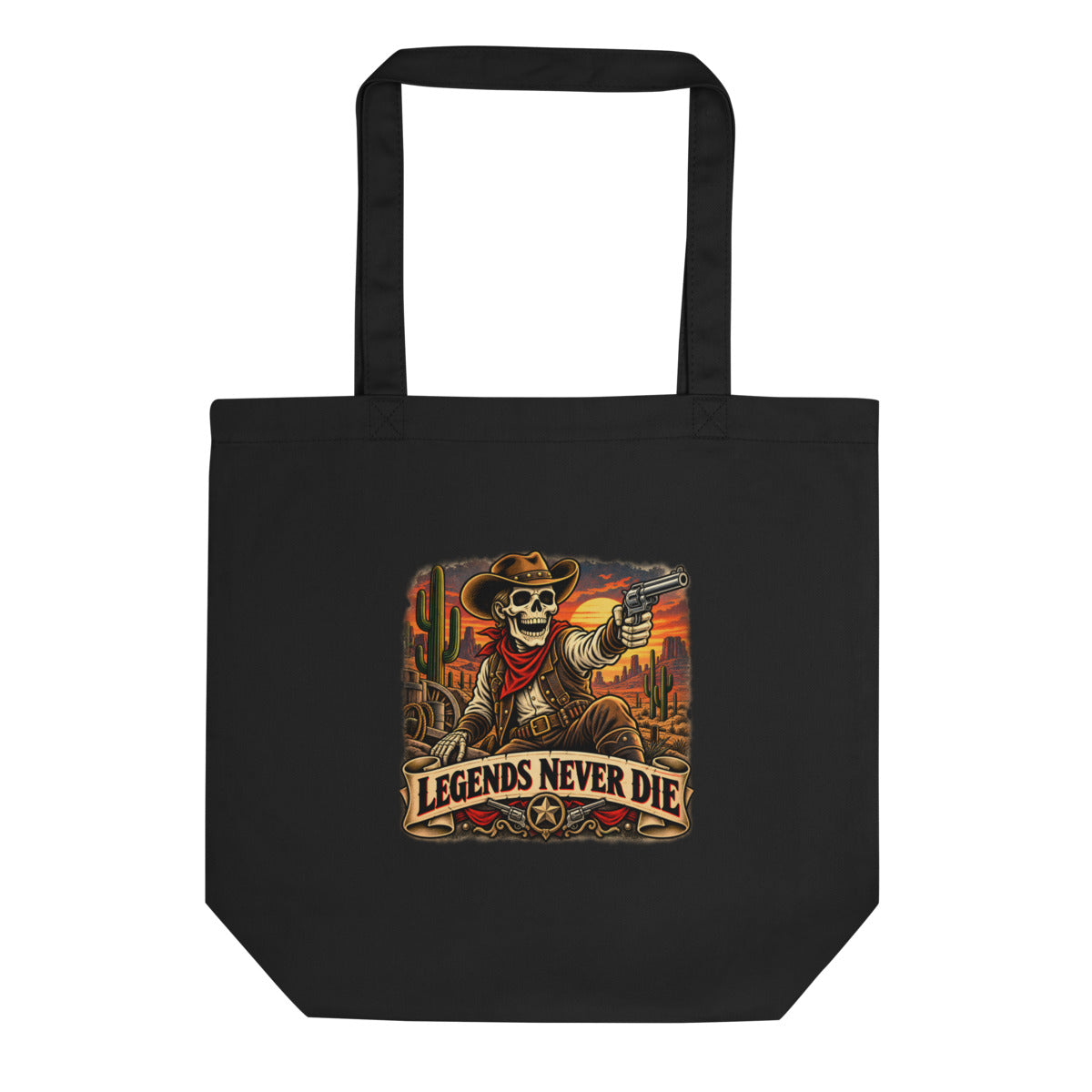 Western Skelett mit Revolver und Schriftzug – Bio-Baumwolltasche – Frontdruck