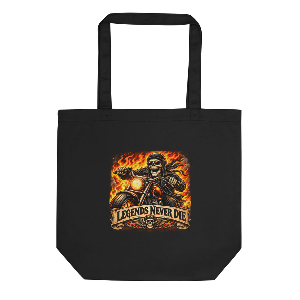 Skelett-Biker mit Flammen und Schriftzug – Bio-Baumwolltasche – Frontdruck