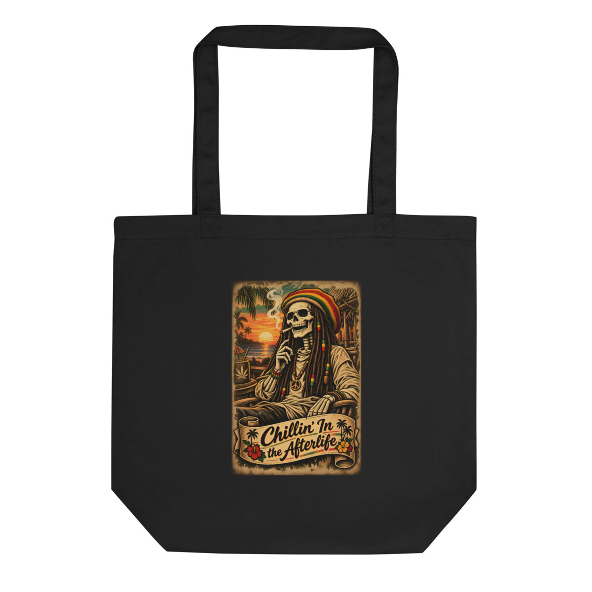 Skelett mit Rasta-Mütze am Strand – Bio-Baumwolltasche – Frontdruck