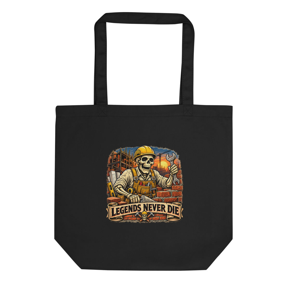 Skelett-Bauarbeiter mit Schriftzug "Legends Never Die" – Bio-Baumwolltasche – Frontdruck