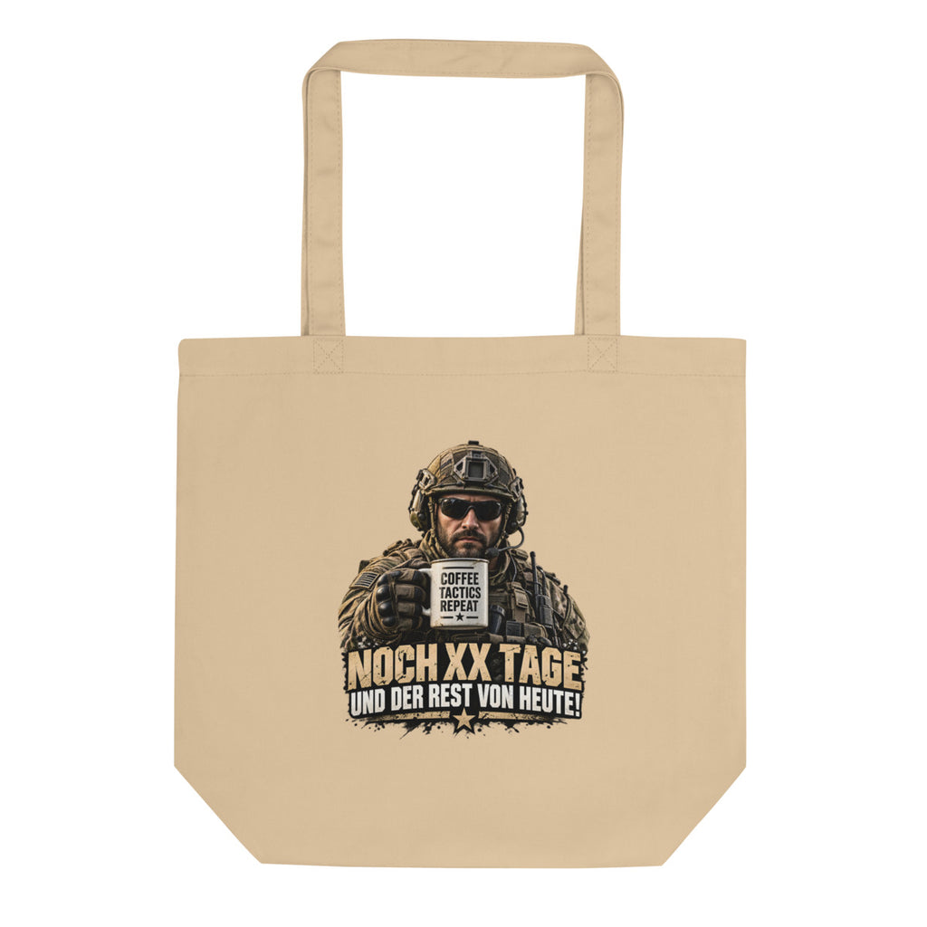 Soldat mit Kaffeetasse und Spruch – Bio-Baumwolltasche – Frontdruck