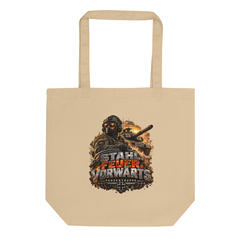 Stahl. Feuer. Vorwärts. Panzertruppe – Bio-Baumwolltasche – Frontdruck