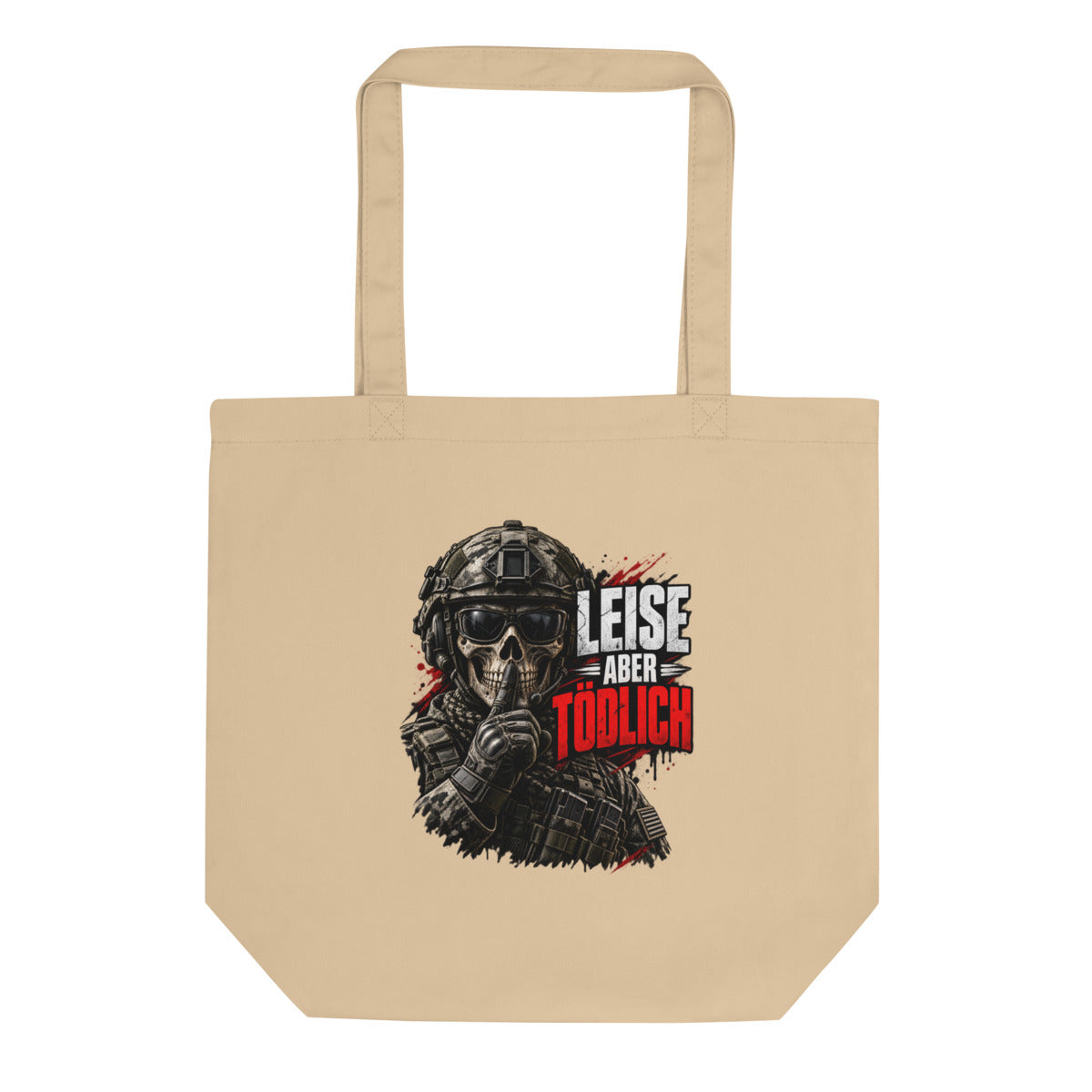 Soldat mit Totenschädel und Shushing-Geste – Bio-Baumwolltasche – Frontdruck