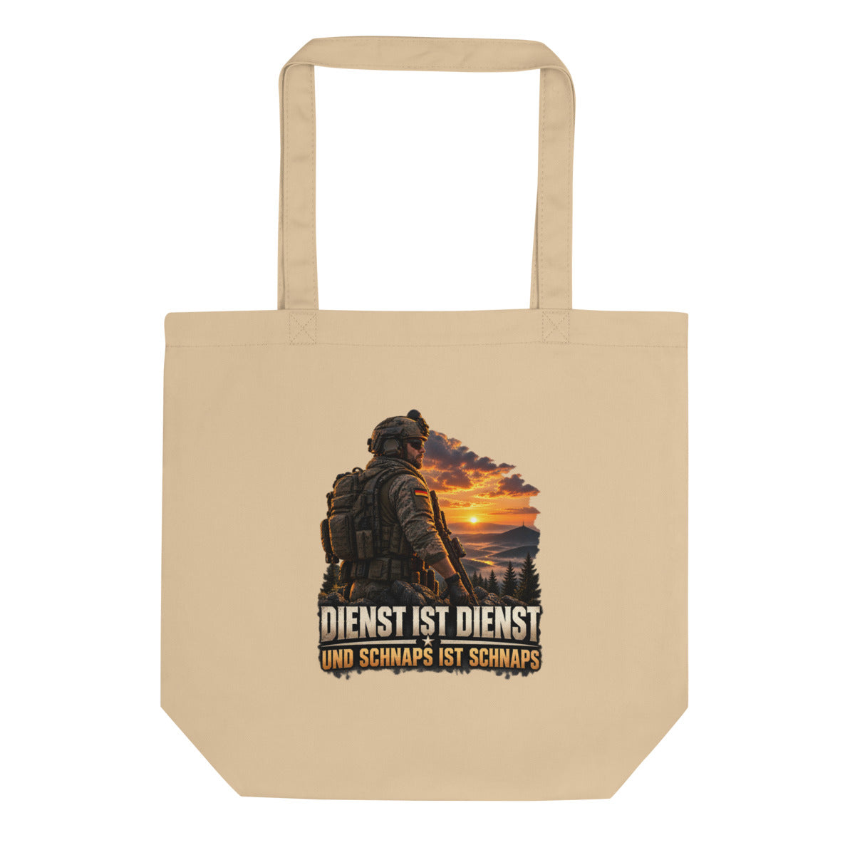 Soldat vor Sonnenuntergang mit Spruch – Bio-Baumwolltasche – Frontdruck