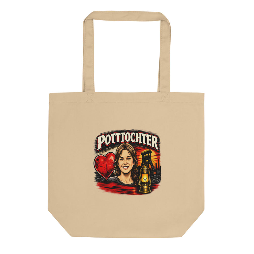 Pottochter mit Herz, Bergwerk und Laterne – Bio-Baumwolltasche – Frontdruck
