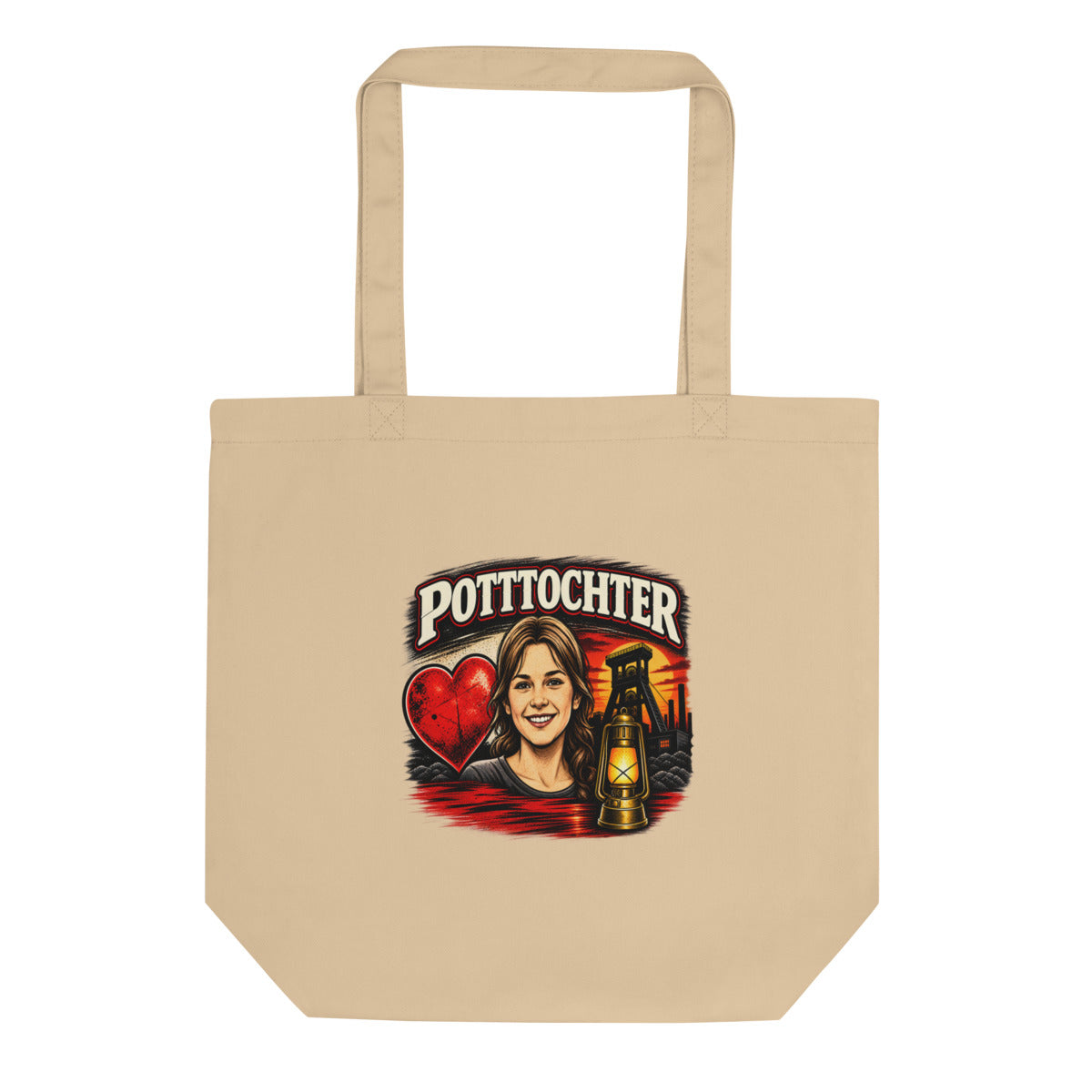 Pottochter mit Herz, Bergwerk und Laterne – Bio-Baumwolltasche – Frontdruck