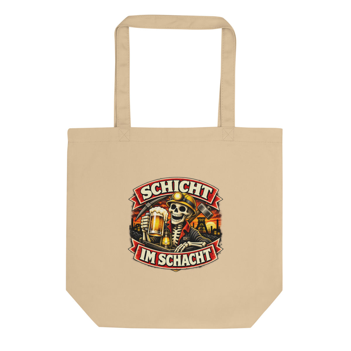 Schicht im Schacht Skelett Bergbau Bier – Bio-Baumwolltasche – Frontdruck