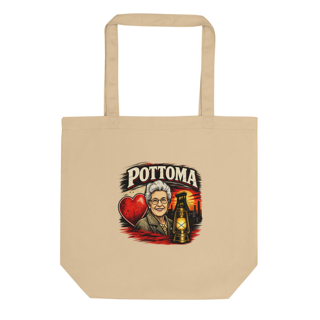 POTOMA mit älterer Frau, Bergbau und Laterne – Bio-Baumwolltasche – Frontdruck