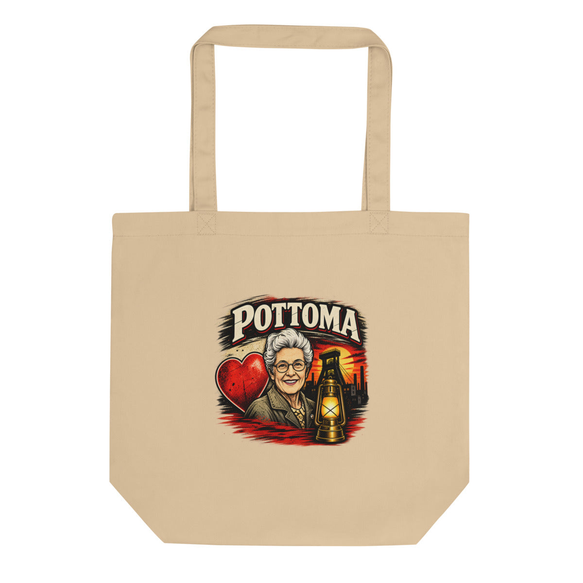 POTOMA mit älterer Frau, Bergbau und Laterne – Bio-Baumwolltasche – Frontdruck