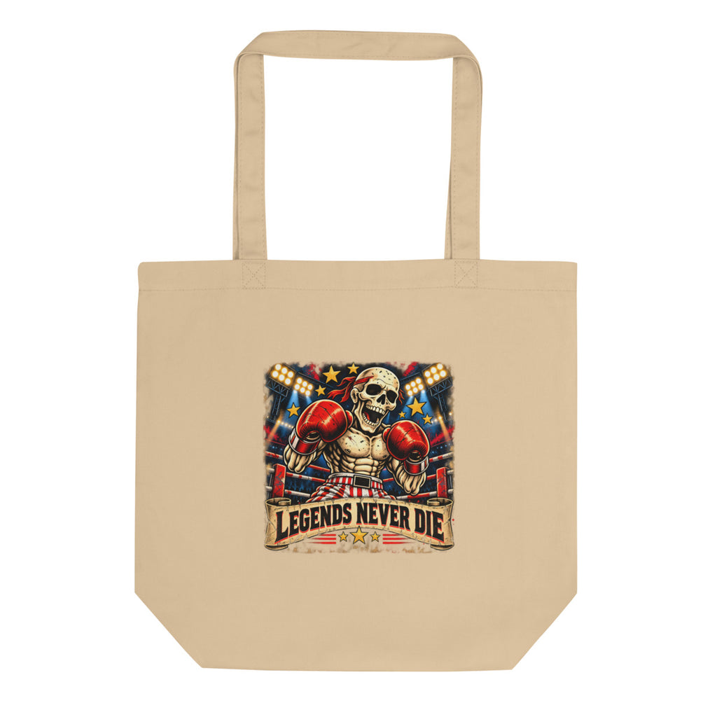 Boxskelett mit Schriftzug "Legends Never Die" – Bio-Baumwolltasche – Frontdruck