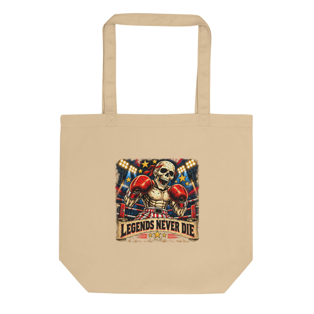 Boxskelett mit Schriftzug "Legends Never Die" – Bio-Baumwolltasche – Frontdruck