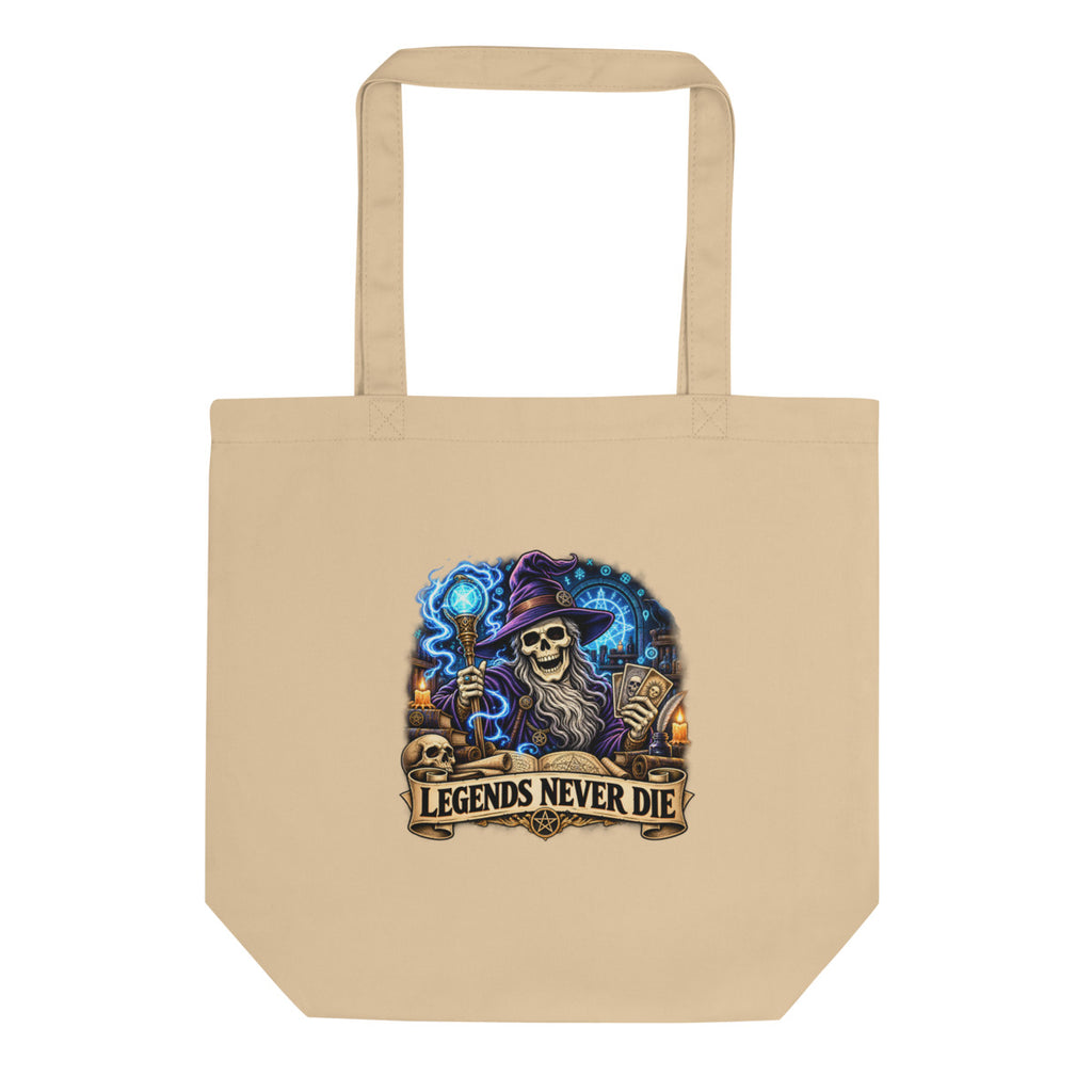 Skelett-Zauberer mit Schriftzug "Legends Never Die" – Bio-Baumwolltasche – Frontdruck