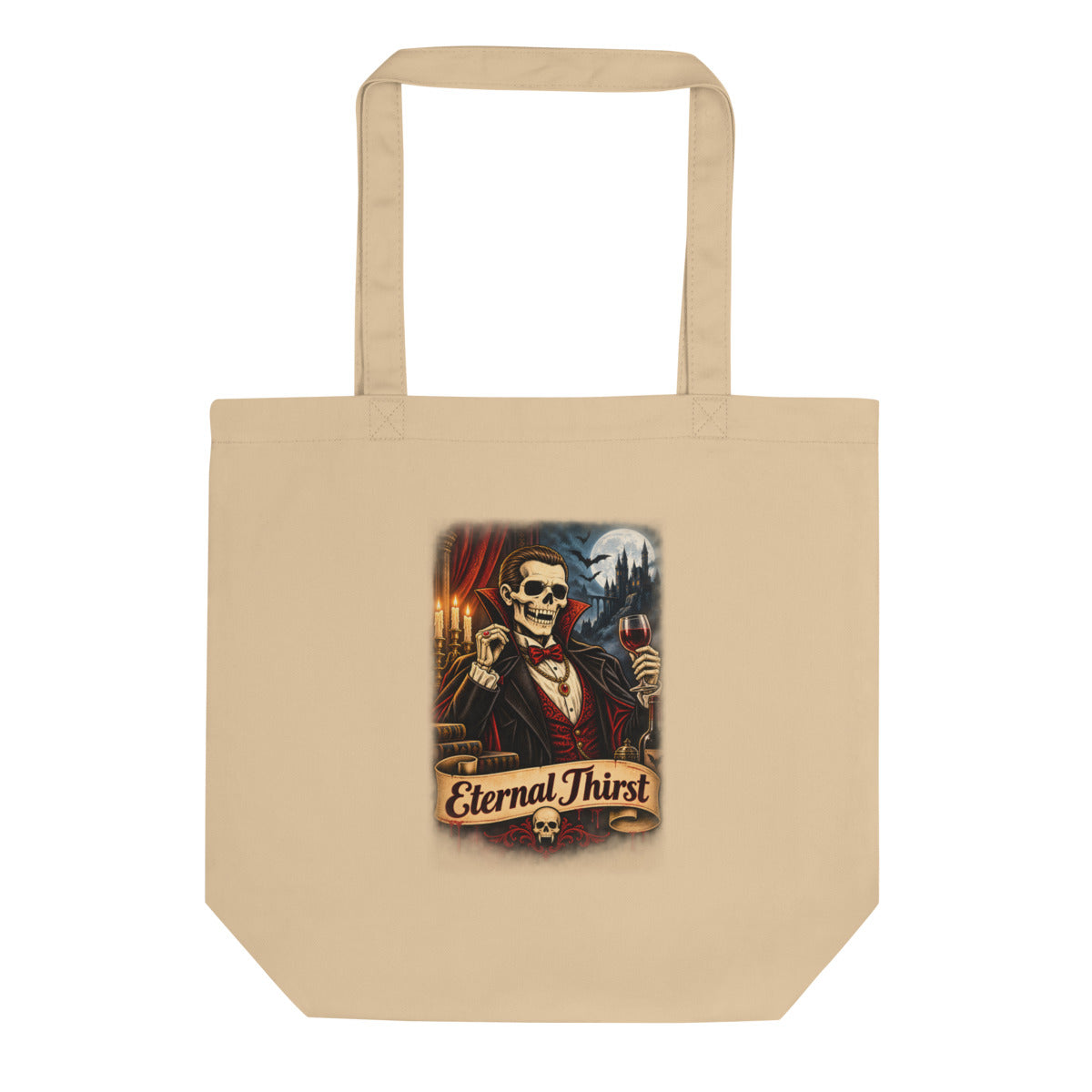 Vampir-Skelett mit Rotweinglas – Bio-Baumwolltasche – Frontdruck