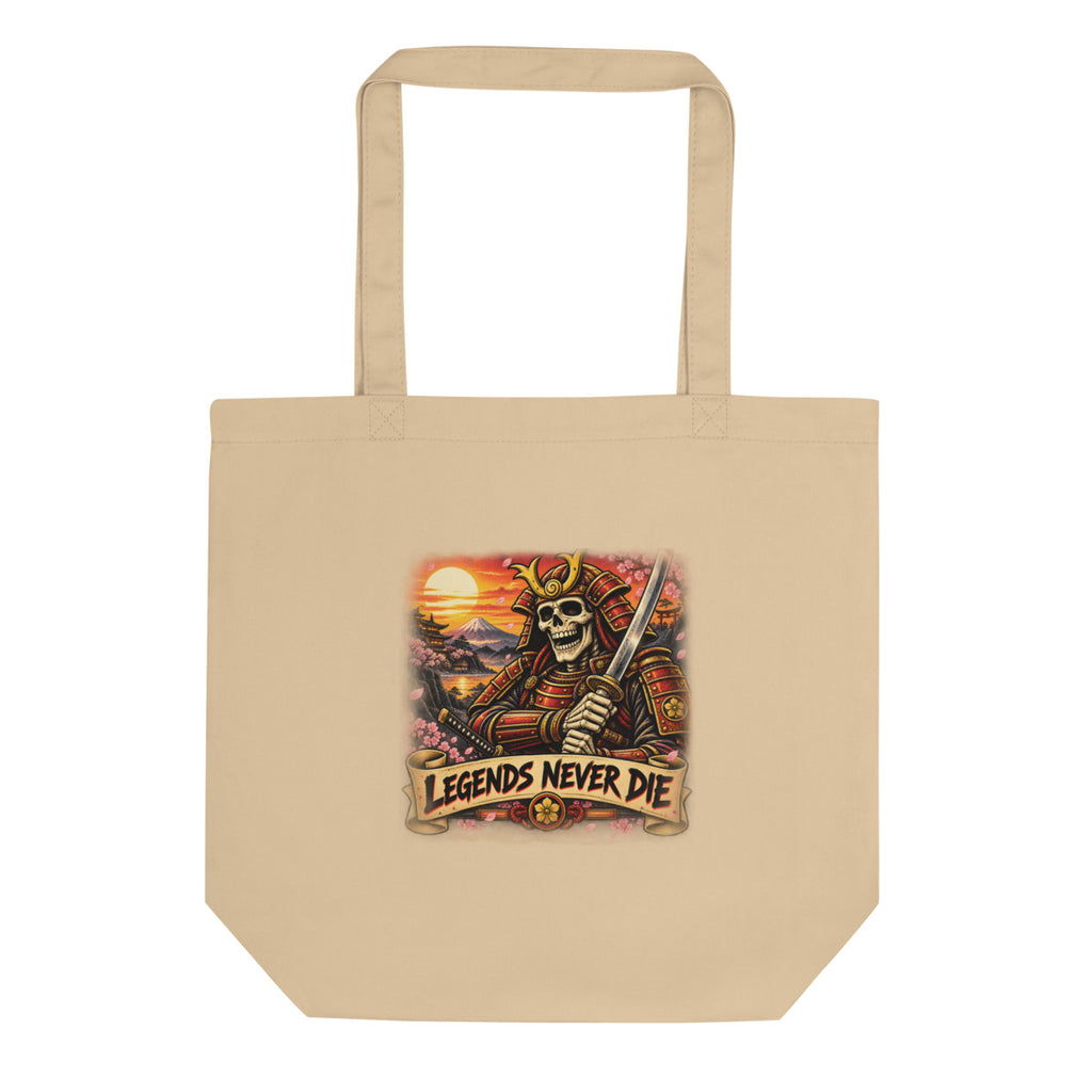 Skelett-Samurai mit Schriftzug "Legends Never Die" – Bio-Baumwolltasche – Frontdruck