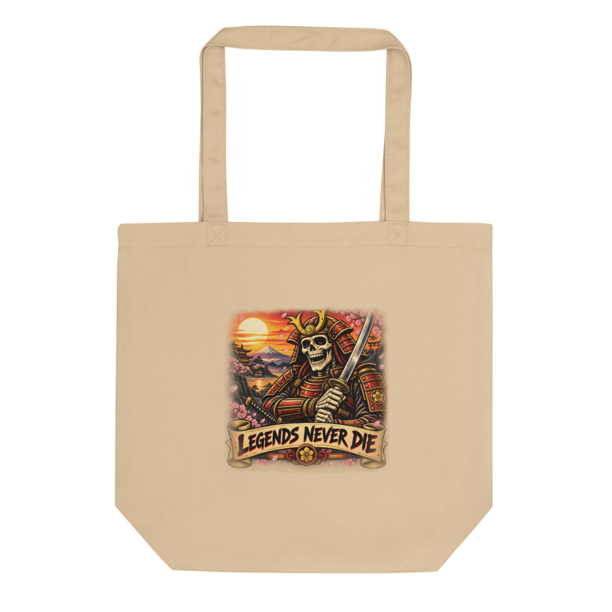 Skelett-Samurai mit Schriftzug "Legends Never Die" – Bio-Baumwolltasche – Frontdruck