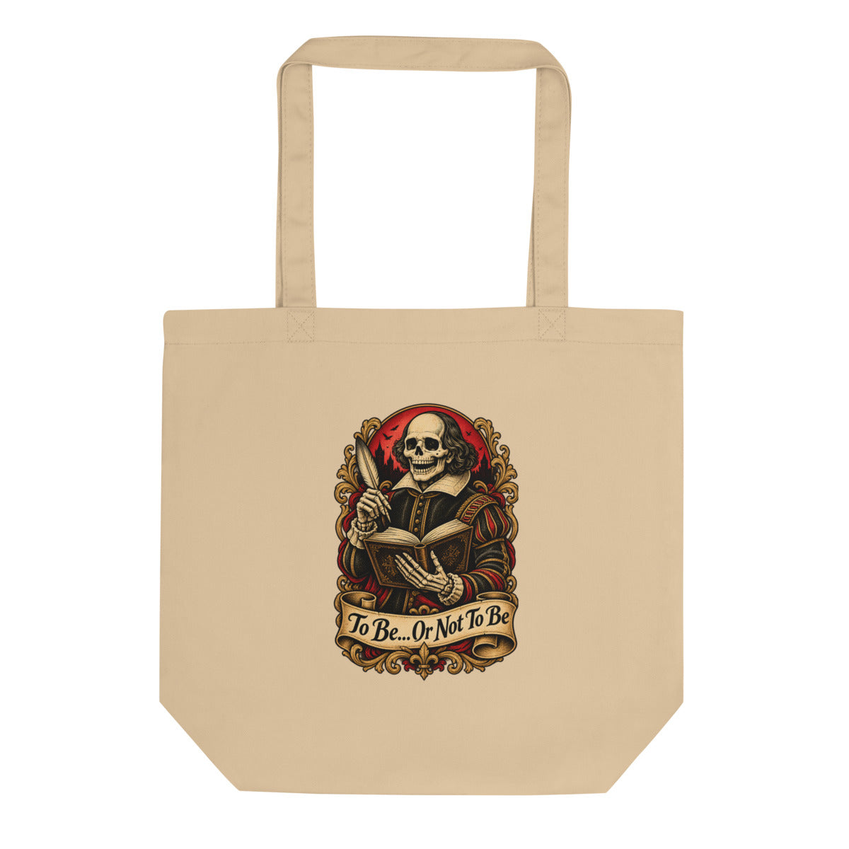 Skelett Shakespeare mit Feder und Buch – Bio-Baumwolltasche – Frontdruck